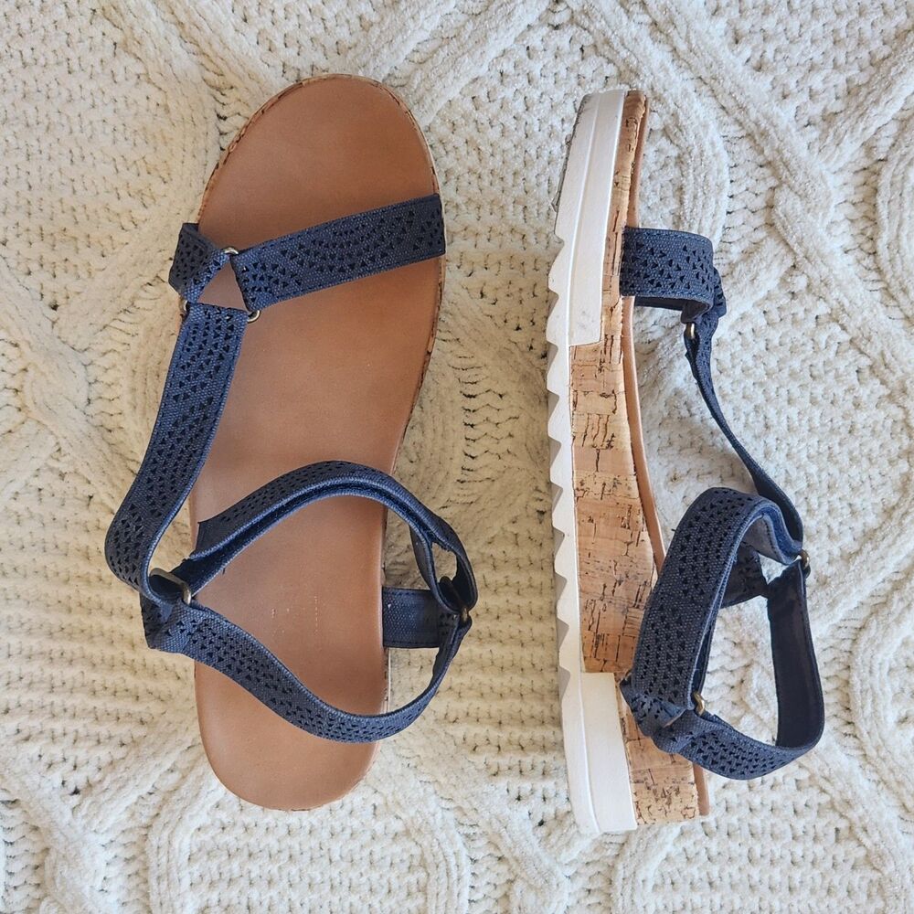 Rouge Navy Denim Open Toe Cork Flatform Sandals Size 8